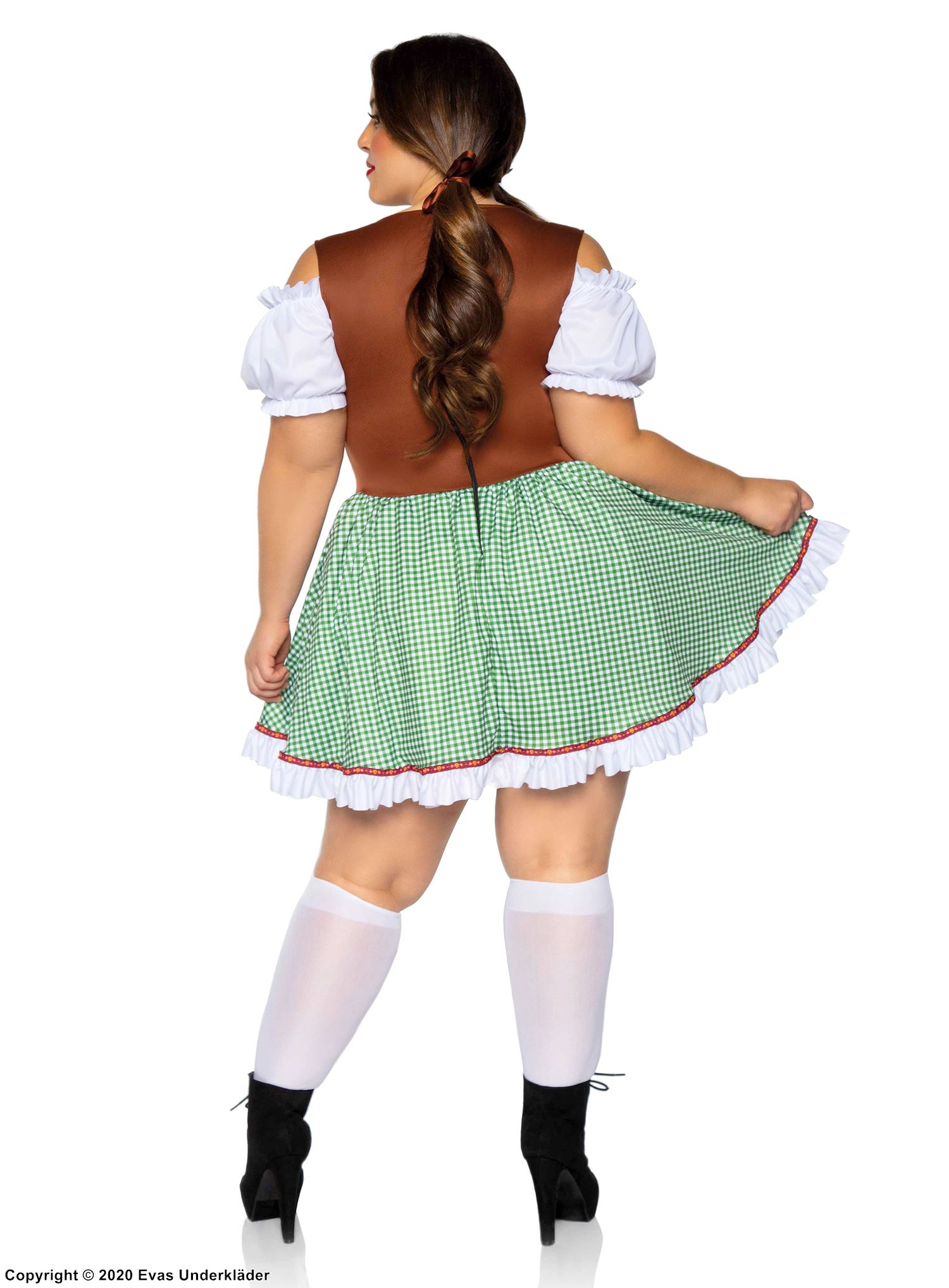 Oktoberfest-vertinne, kostyme-dirndlkjole, volangkant, off-shoulder, hjerter, XS til 4XL